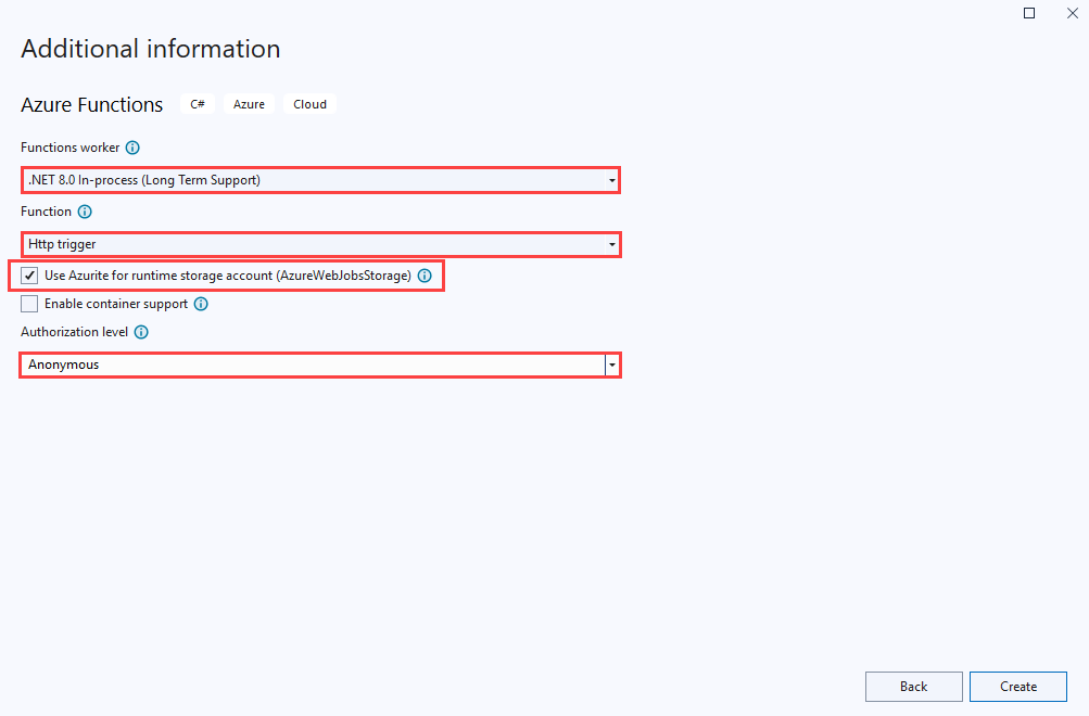 Screenshot of Azure Functions project settings