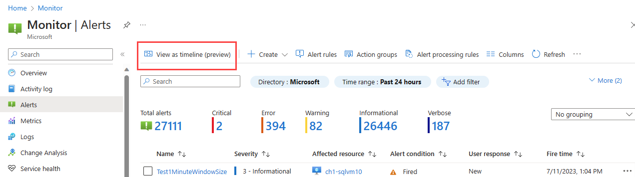 Screenshot that shows the view timeline button in the Alerts summary page in the Azure portal.