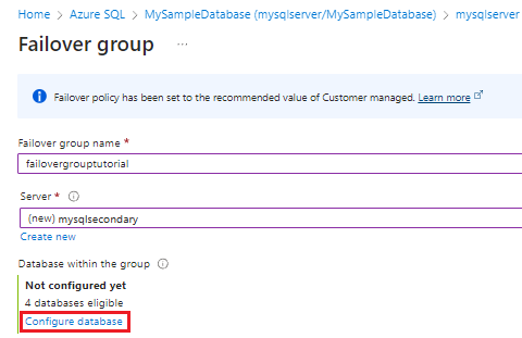 Screenshot of the failover group pane in the Azure portal.