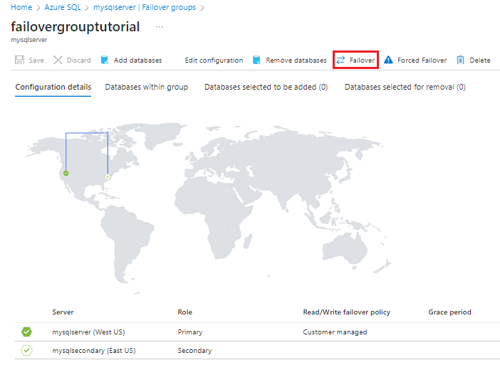 Screenshot of the Failover group page in the Azure portal with failover selected.