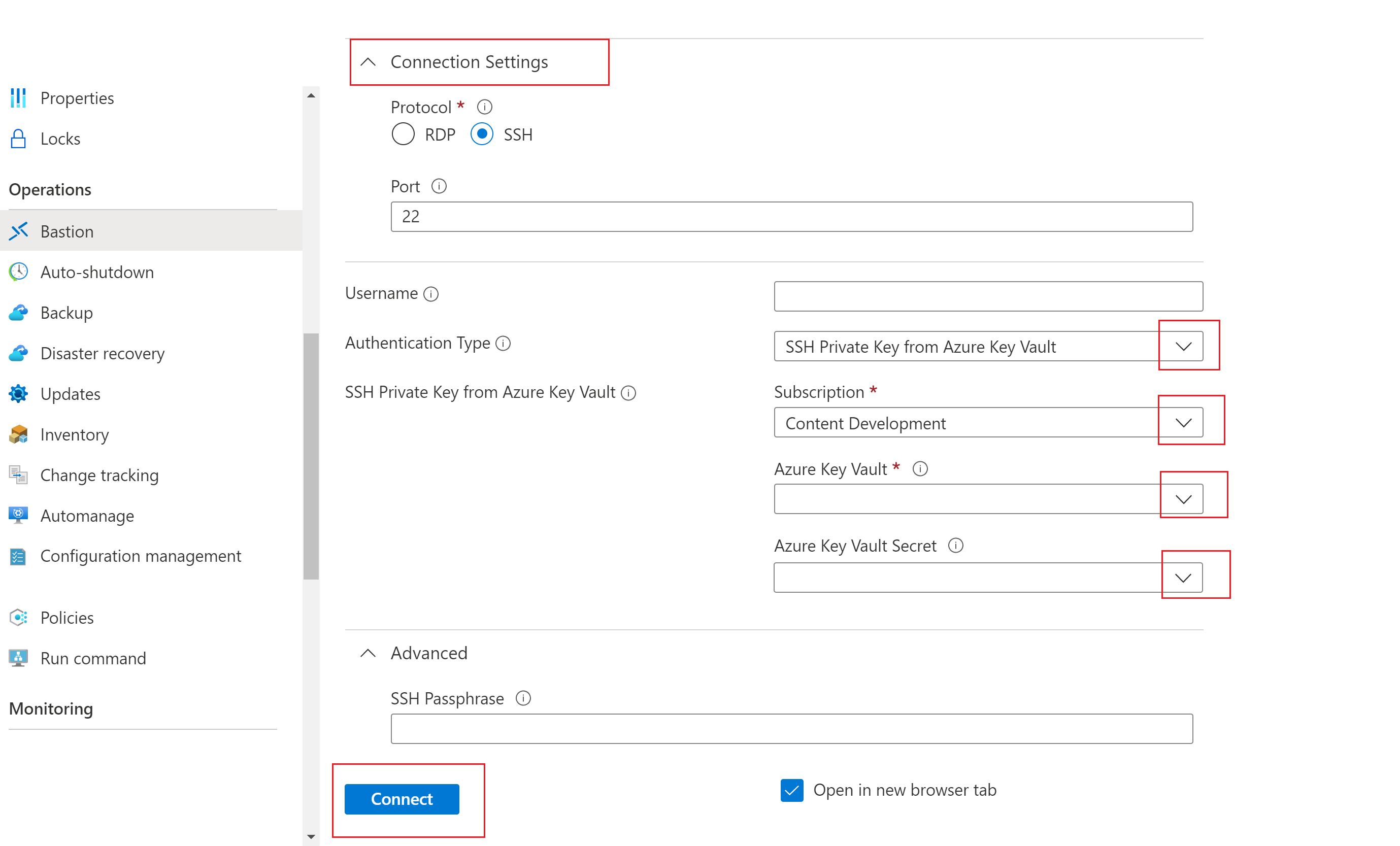Screenshot shows Private key stored in Azure Key Vault authentication.