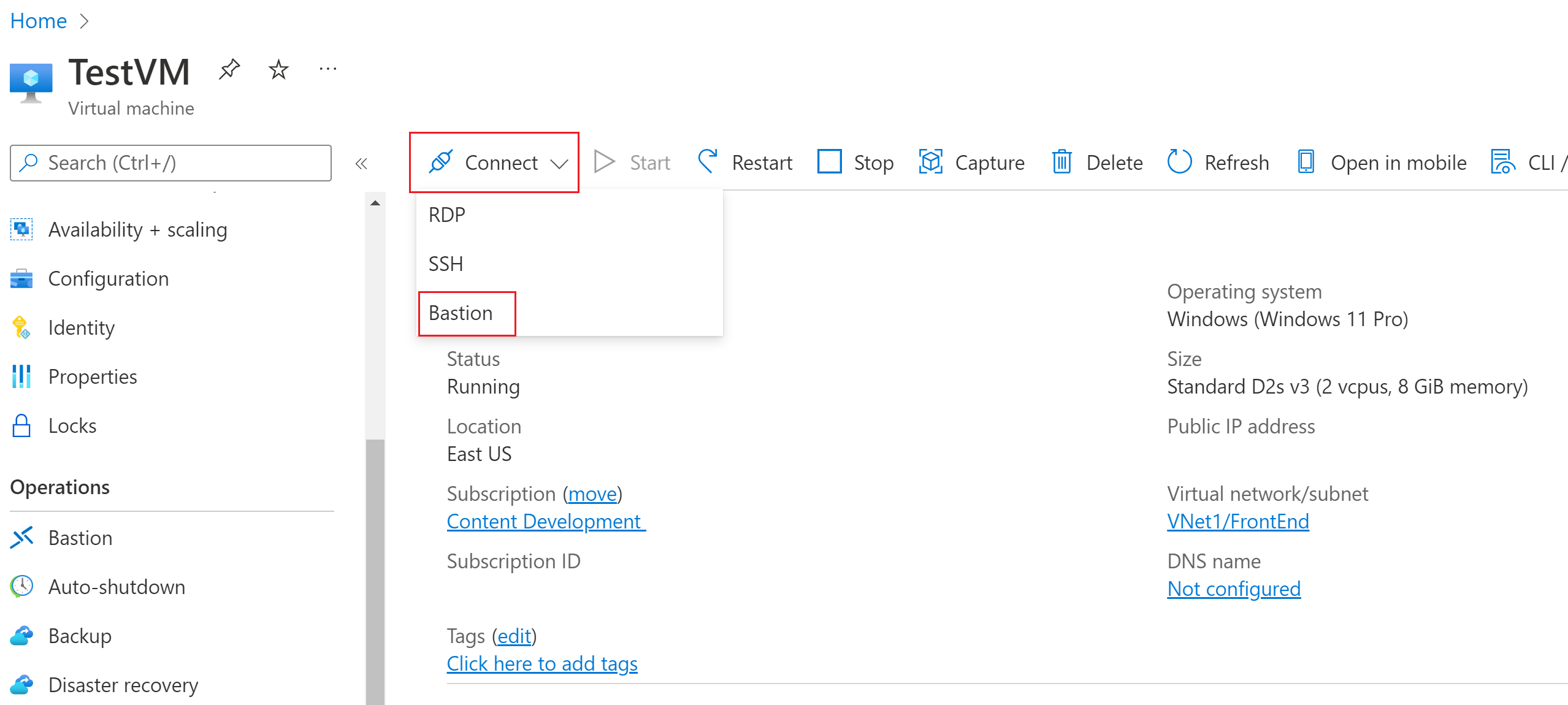 Screenshot shows the overview for a virtual machine in Azure portal with Connect selected.