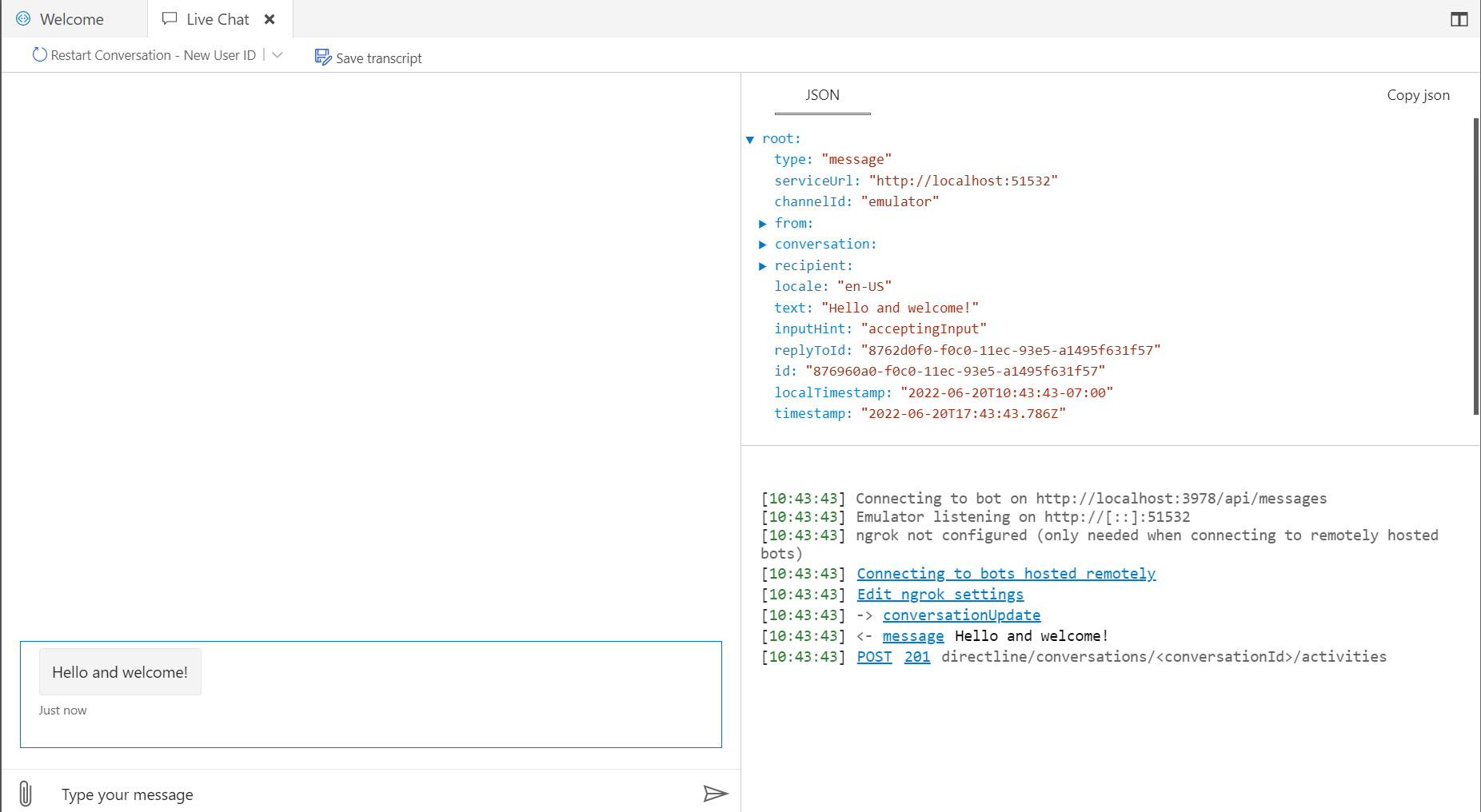 Emulator message activity JSON