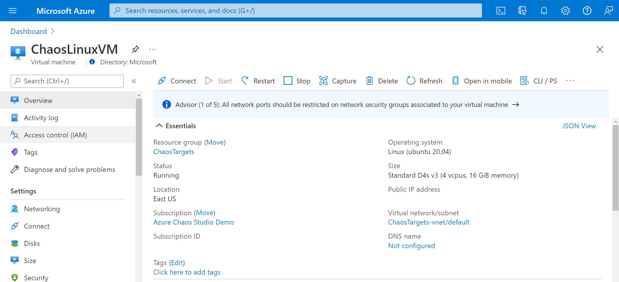 Screenshot that shows the virtual machine Overview page.