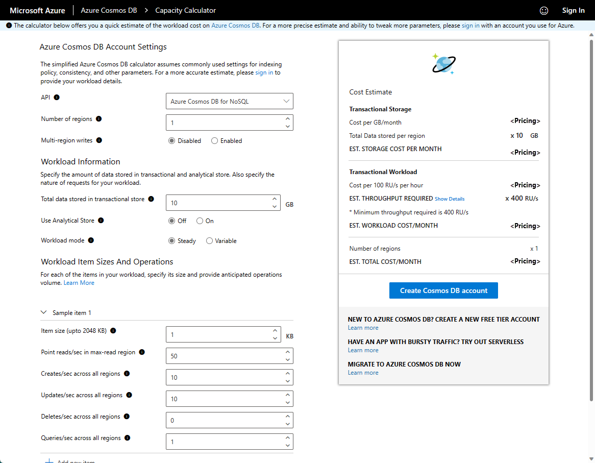 Capacity planner basic mode