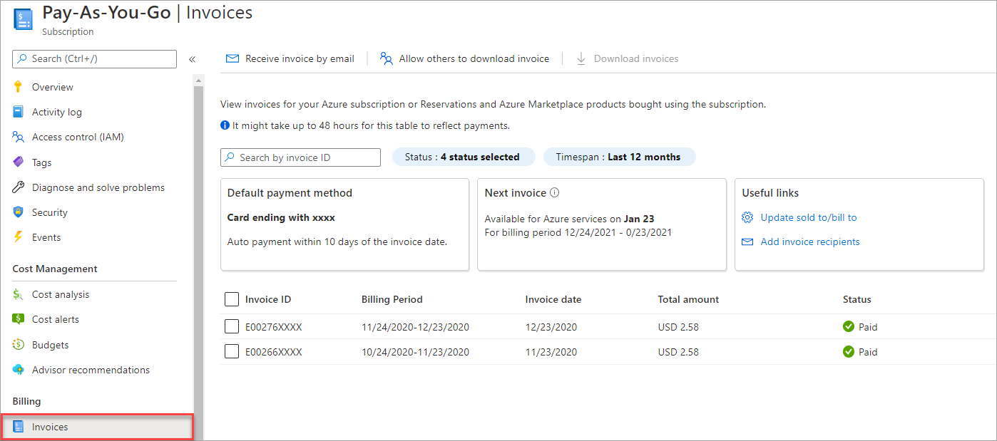 Screenshot that shows a user selecting invoices option for a subscription.