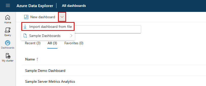 Screenshot of dashboard, showing the import from file option.