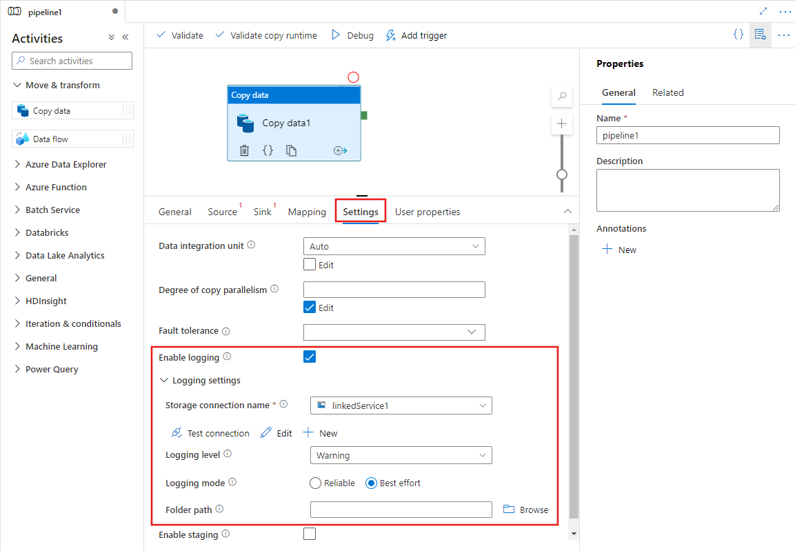 Shows how to configure logging for a Copy activity in the settings tab.