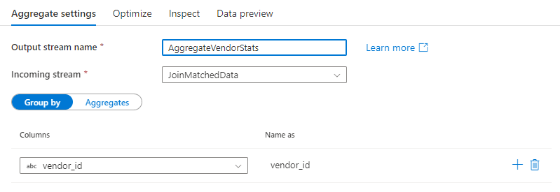 Aggregate transformation group by settings