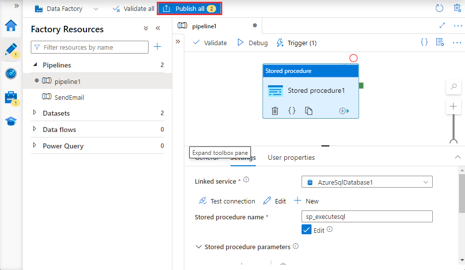 Screenshot that shows the button for publishing all Data Factory settings.