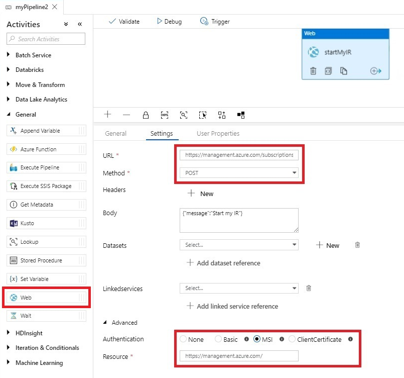 Screenshot that shows settings for an Azure Data Factory SSIS IR web activity schedule.