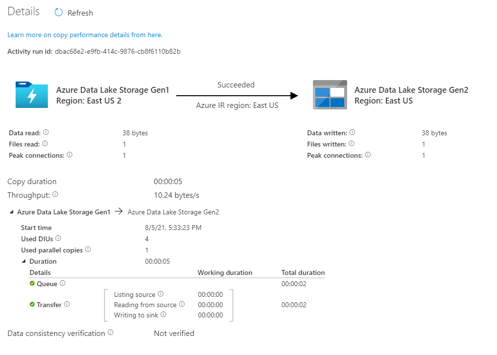 Screenshot showing the activity run details.