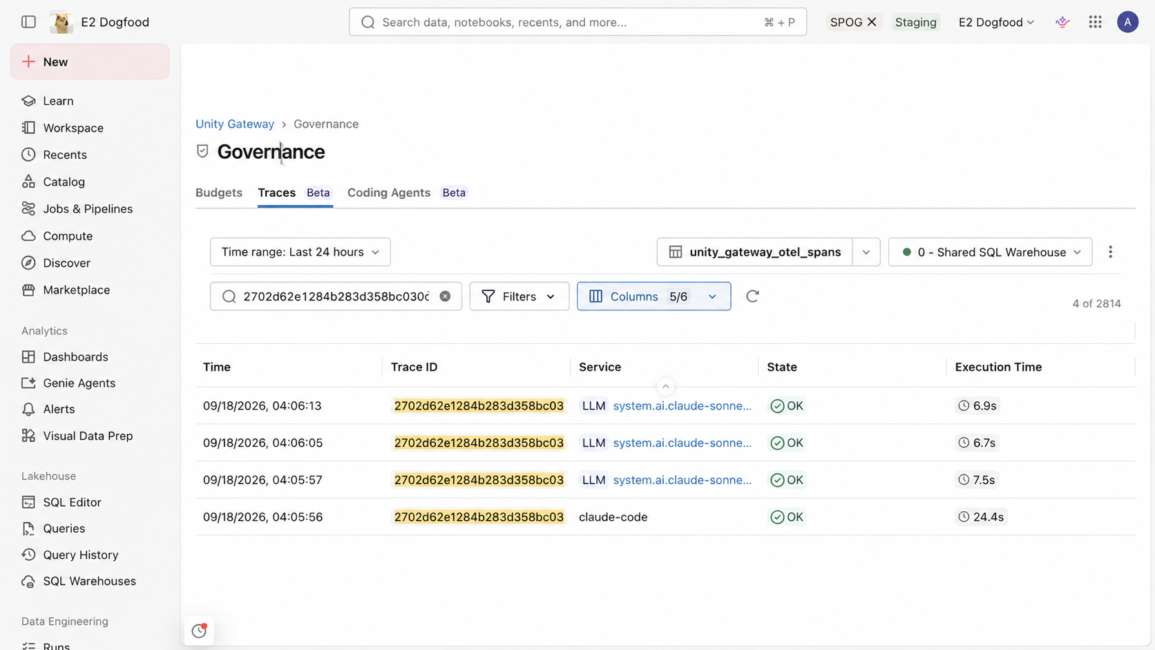 Traces view showing Claude Code and model requests in the same unified trace table