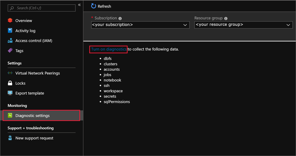 Azure Databricks turn on diagnostics