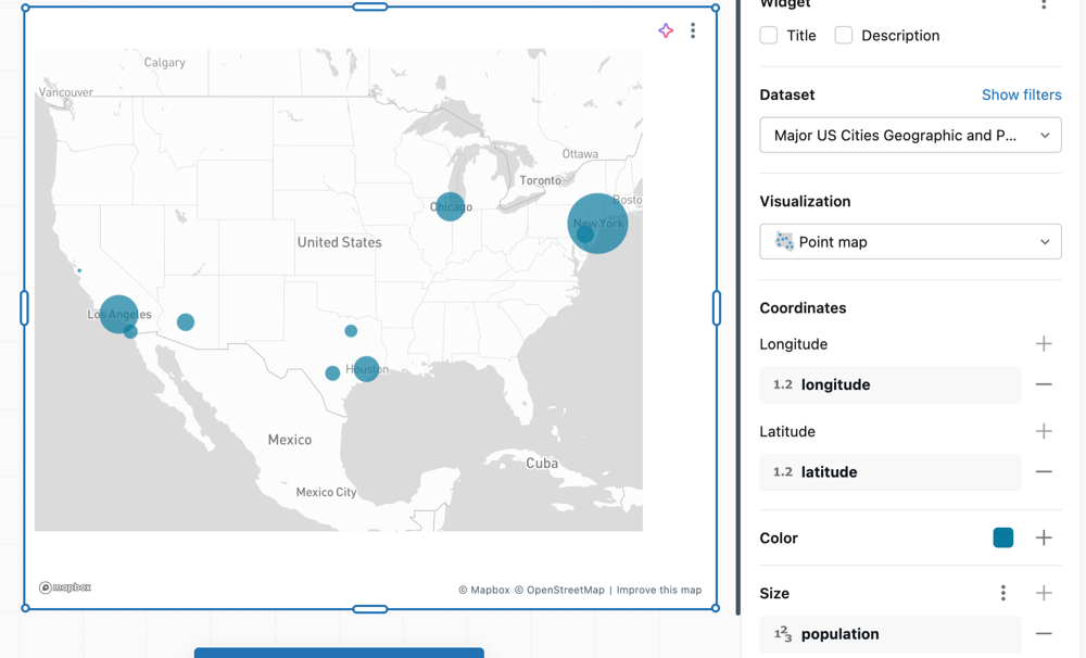 Point map example showing US cities sized by population.
