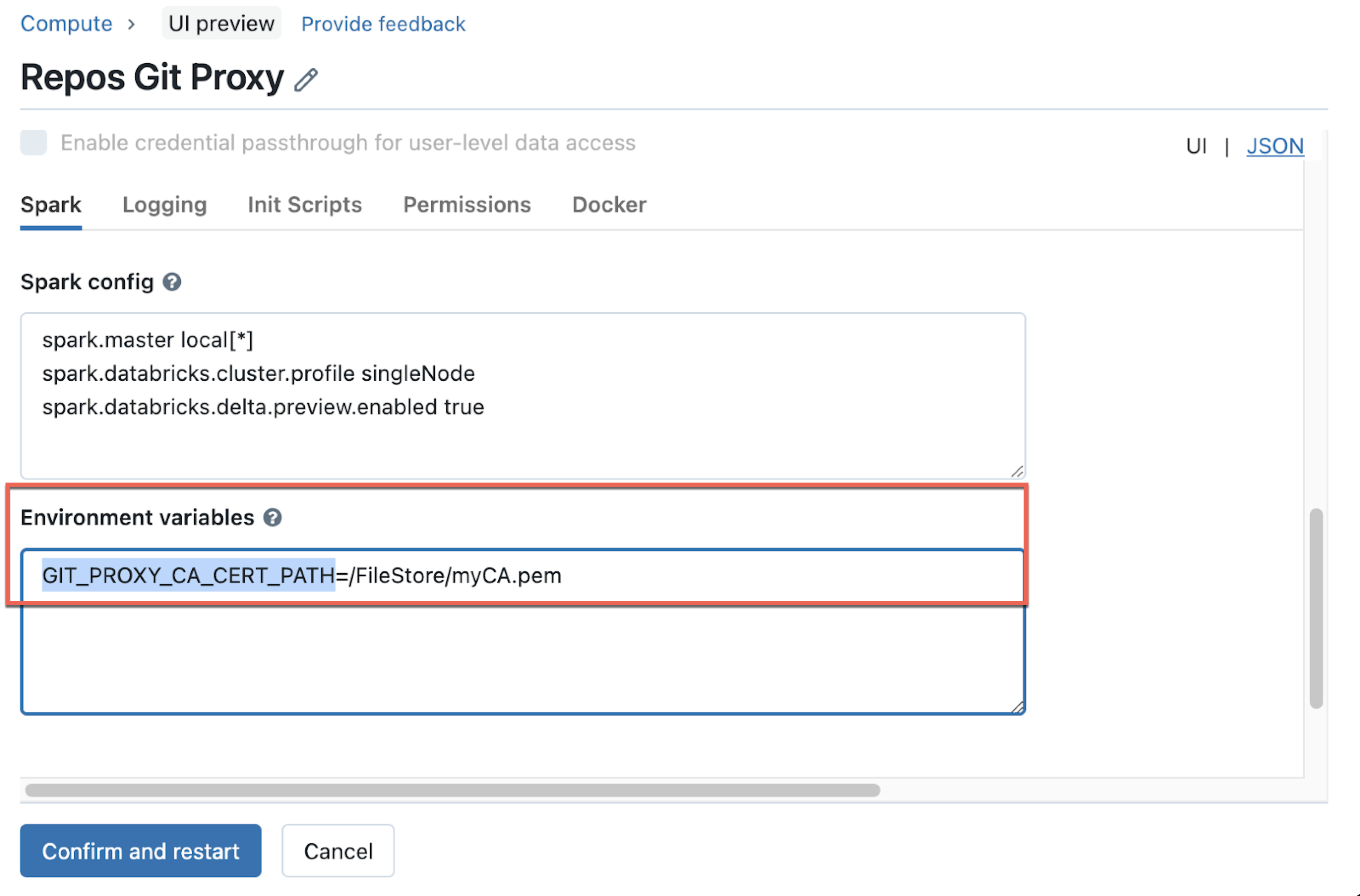 The Databricks modal dialog where you set environment variables for a Git proxy