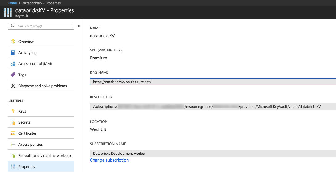 Azure Key Vault Properties tab