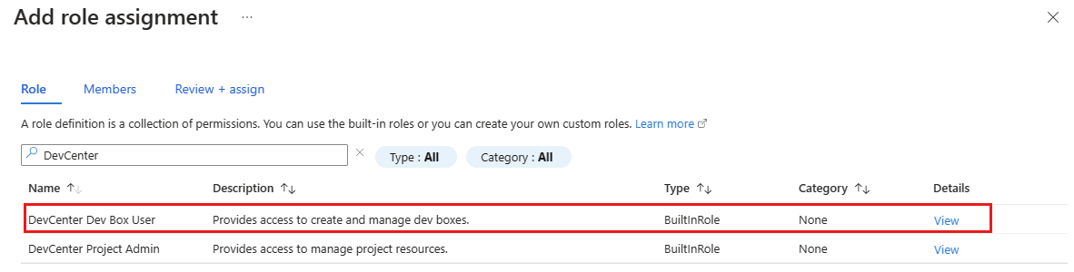 Screenshot of the Add role assignment pane with DevCenter Dev Box User role selected in the Azure portal.
