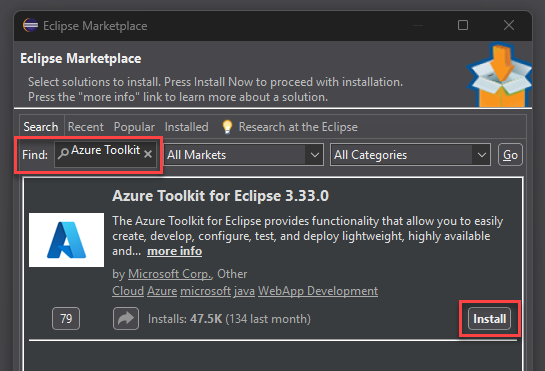 Screenshot of the Eclipse Marketplace showing Azure Toolkit installation options.