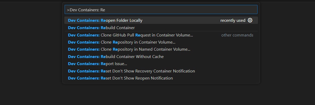 Screenshot of the Command Palette option to reopen the current folder within your local environment in Visual Studio Code.