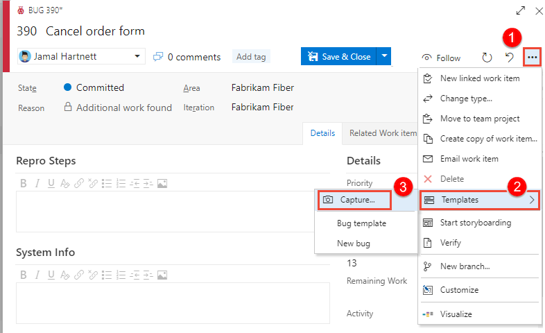 Screenshot of Capture work item field definitions as a template, latest version.