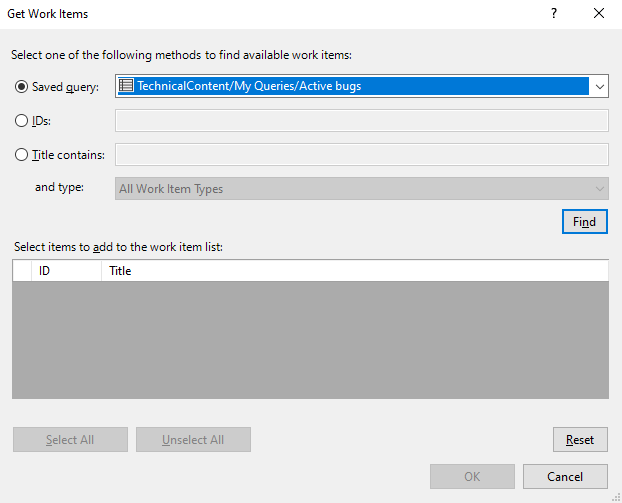 Screenshot of Get work items dialog.