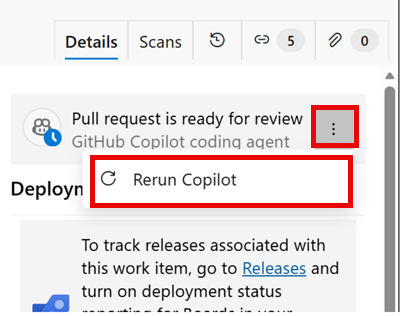 Screenshot shows selected More actions icon, then Rerun Copilot selection in Development area.