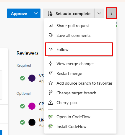 Pull Request, context menu, Follow icon option