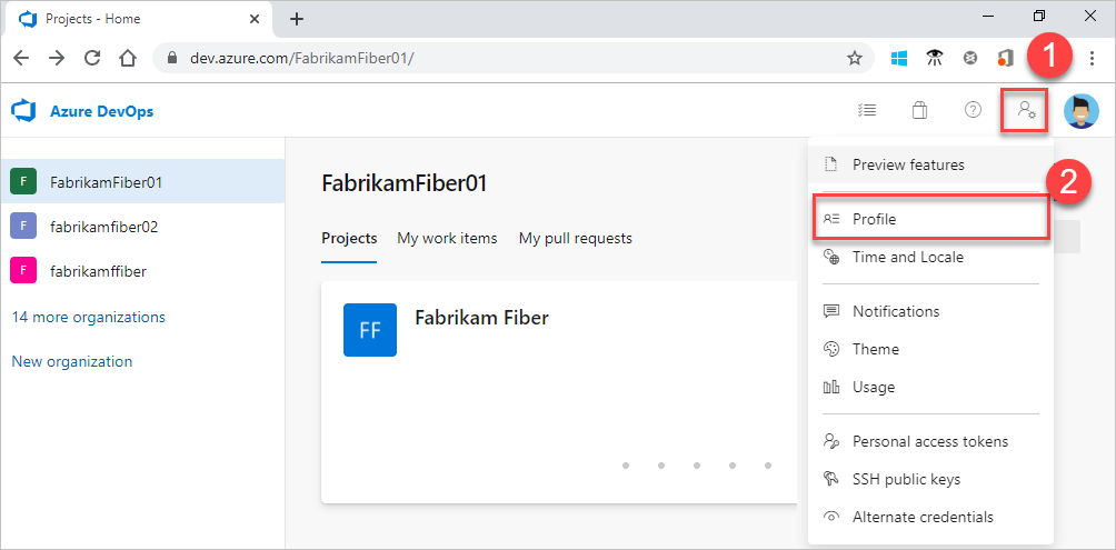 Screenshot to open Azure DevOps profile.