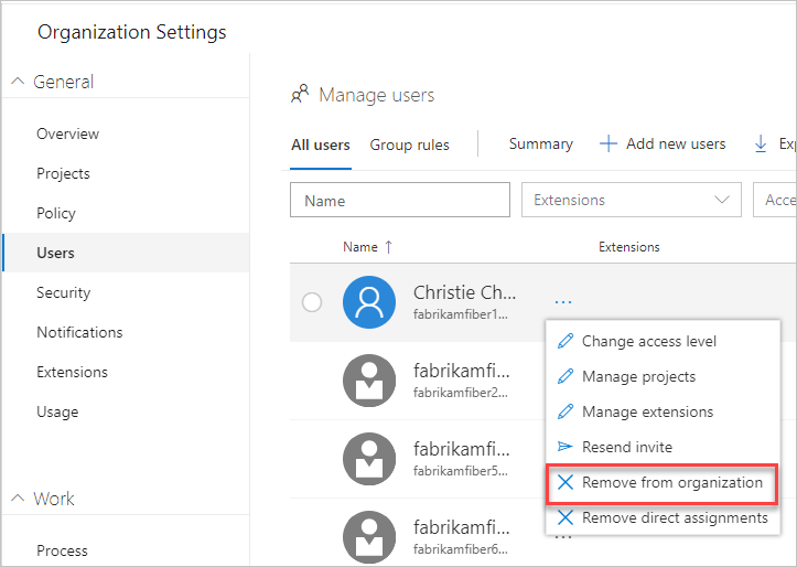 Screenshot showing removal of user from organization.