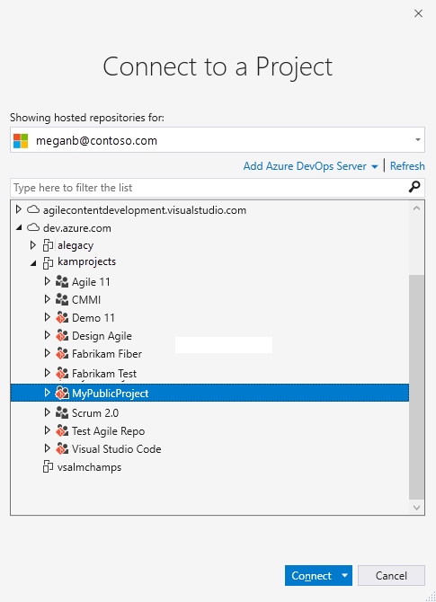 Screenshot of connect to a project dialog.