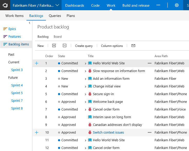 Screenshot shows backlog view of default team, on-premises versions.