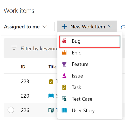 Screenshot showing Work, Work Items Page, Add New Work Item, Bug sequence.