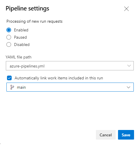 Screenshot of Pipeline settings dialog, Automatically link work items in this build.