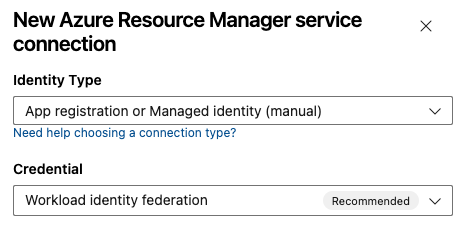 Screenshot of Workload Identity federation (manual) authentication method selection.