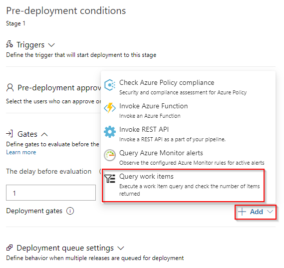 A screenshot showing how to add a Query work items task.