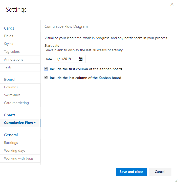 Kanban board, Common configuration dialog, Cumulative flow