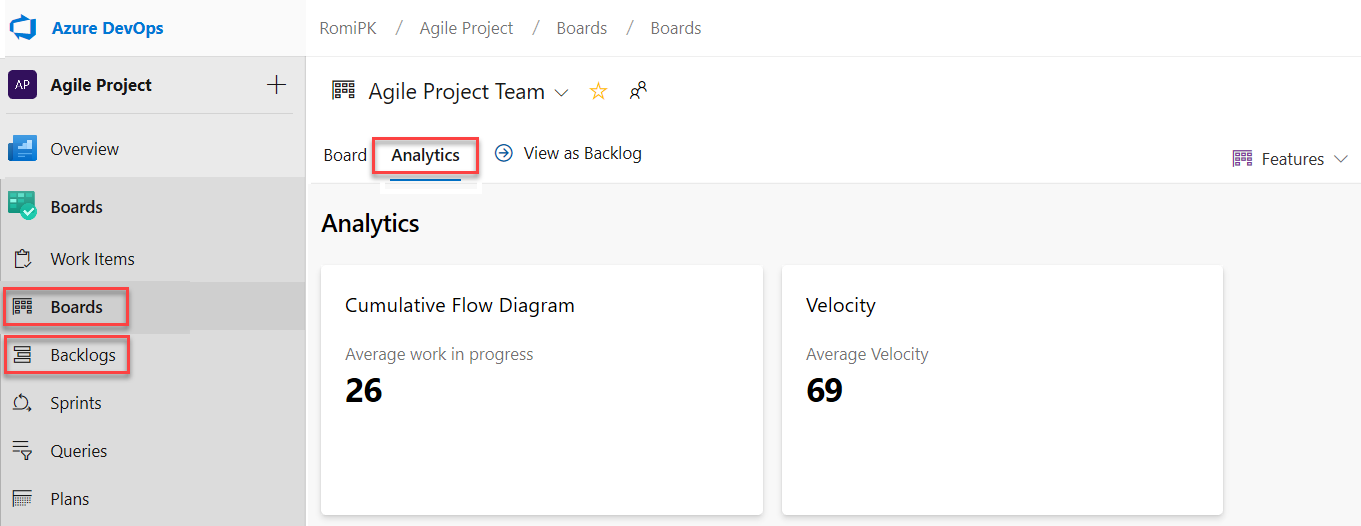 CFD and velocity reports in boards Screenshot of the Cumulative Flow Diagram report and Velocity report on the Analytics tab.