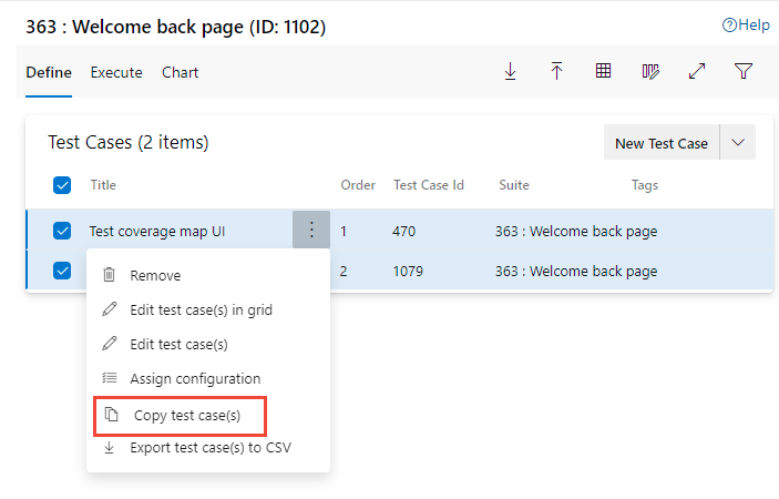 Screenshot of the test case More options menu showing the Copy test case option.