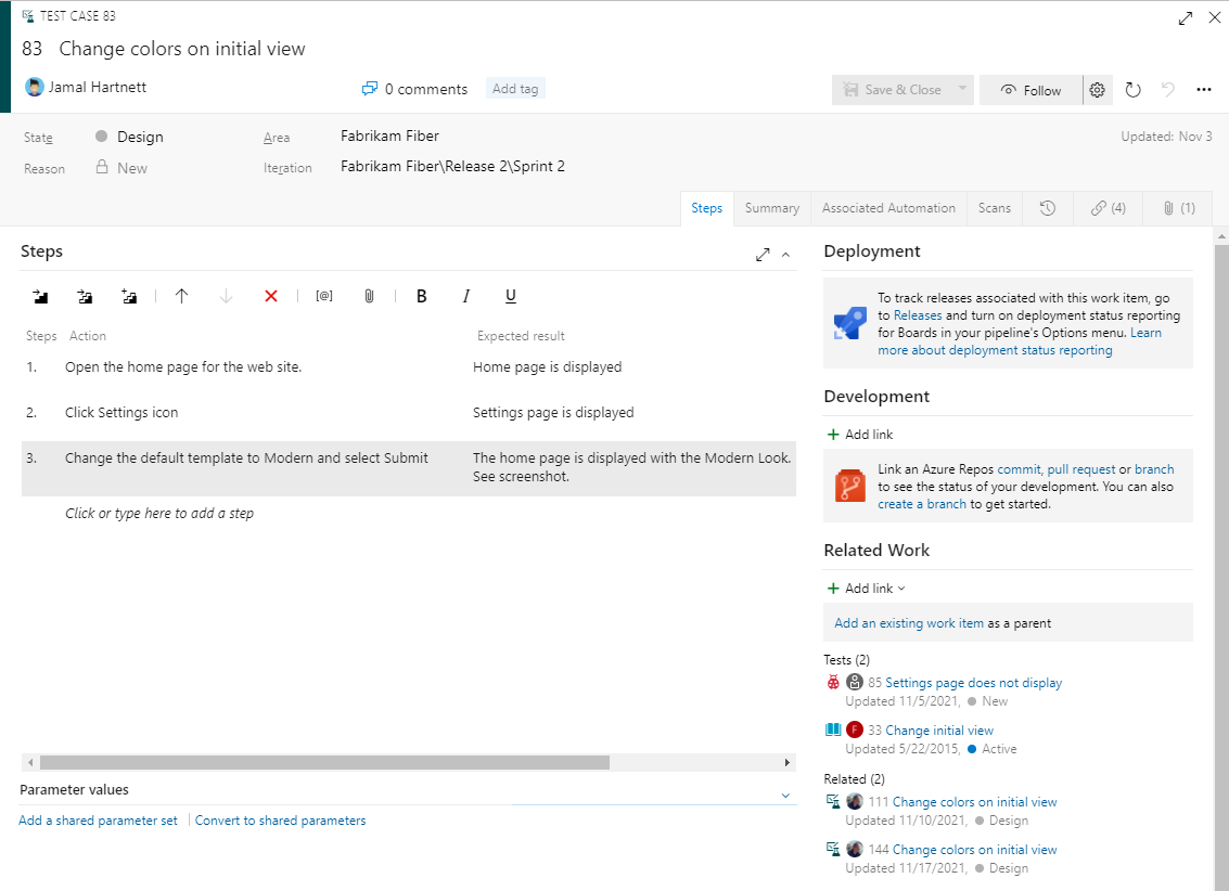 Screenshot of a test case work item form with steps, expected results, and related work.