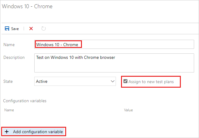 Screenshot shows adding variables to the new test configuration.