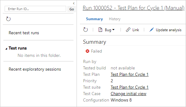 Screenshot of the Test Runs pane with results for the selected test case.