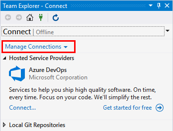 Screenshot of Team Explorer, Connect options.