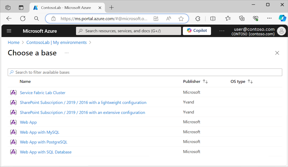 Screenshot that shows Web App with SQL Database selected from the available environment templates in Azure DevTest Labs.