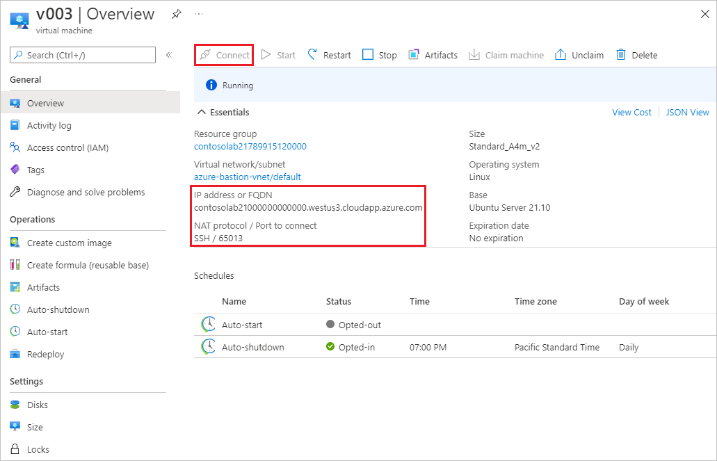 Screenshot that shows the R D P and S S H connection options on a VM Overview page.