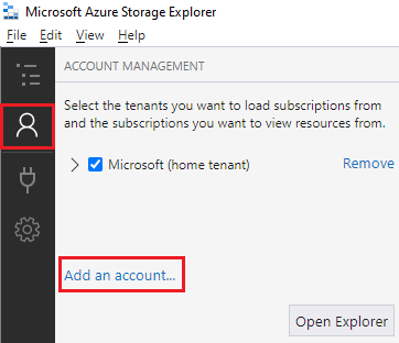 Screenshot that shows Add an account in the Account Management pane.