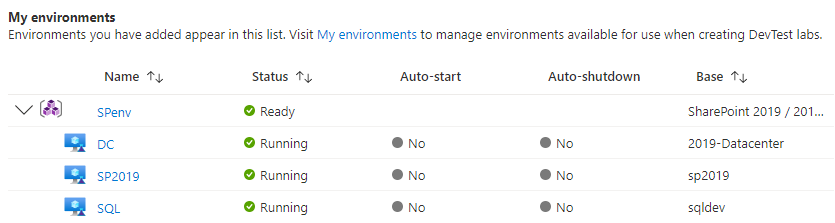 Screenshot that shows V Ms in an environment in the My environments list.