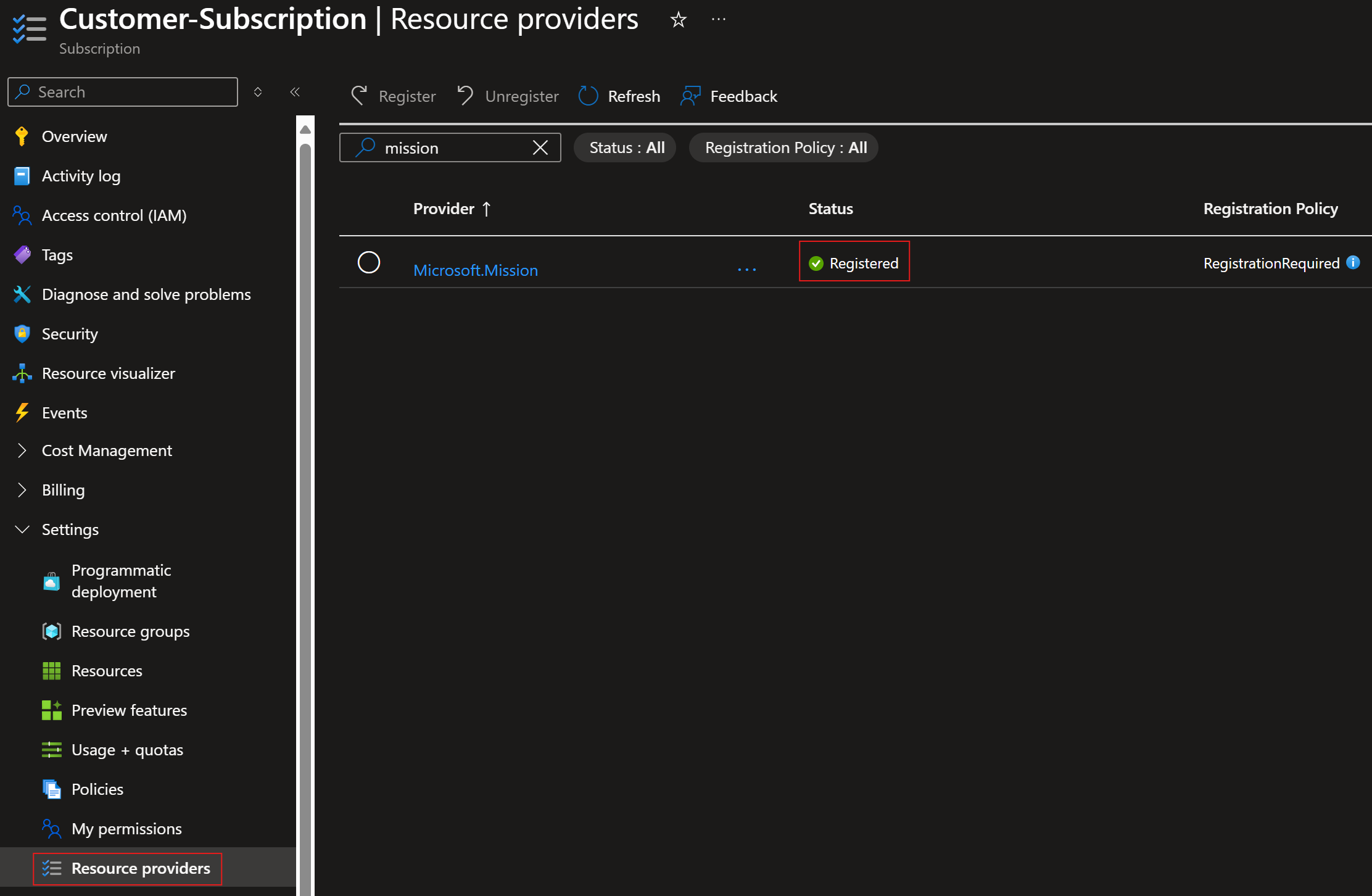Screenshot showing the Microsoft.Mission resource provider registered successfully.