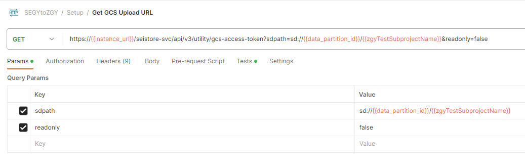 Screenshot that shows the API call to get a GCS upload URL in Postman.
