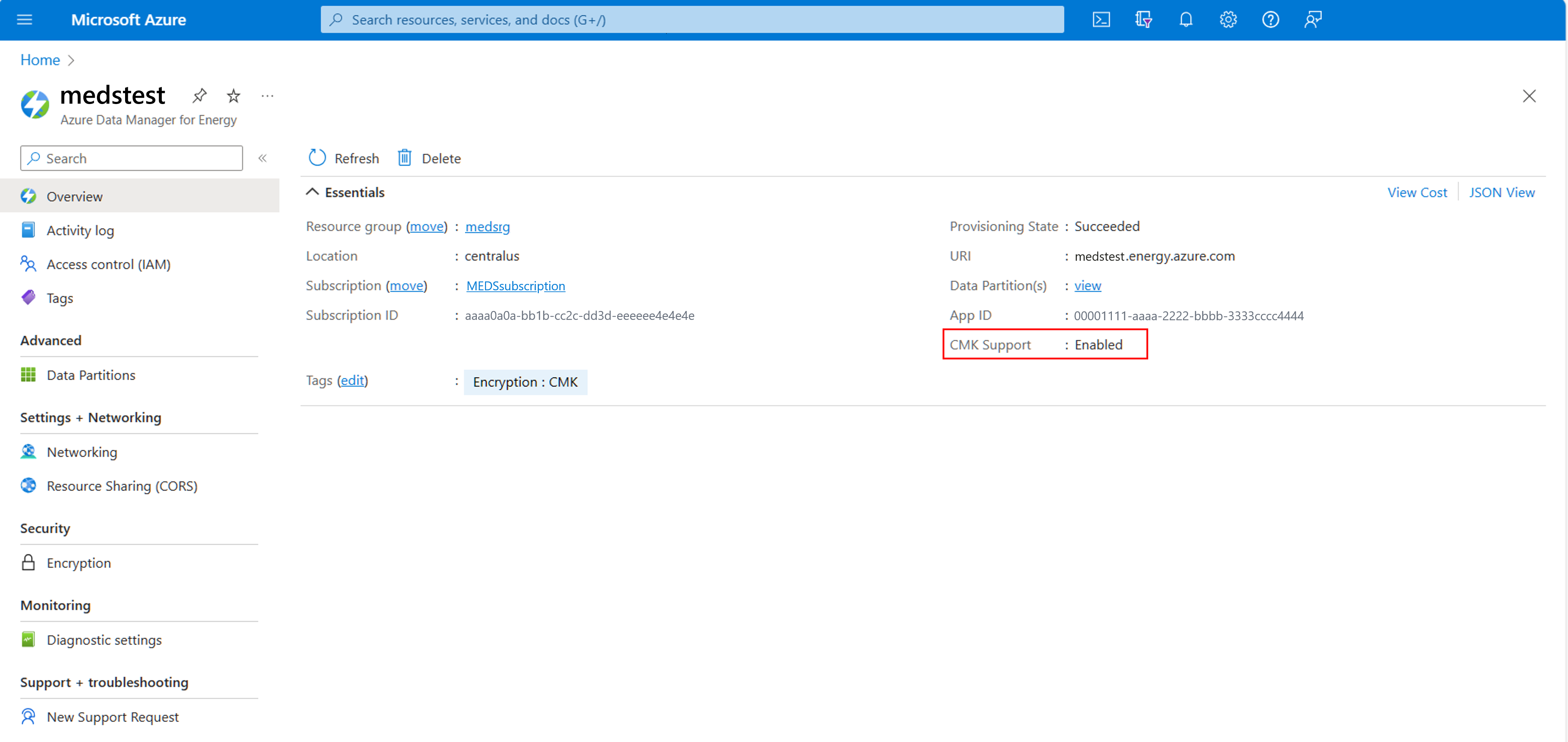 Screenshot of CMK enabled on Azure Data Manager for Energy overview page.